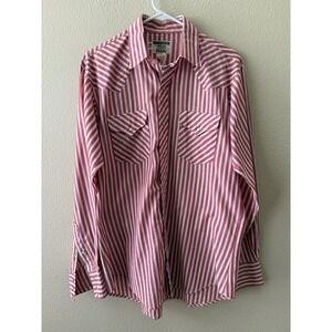 Vintage Ruddock Shirts Mens Red White Striped Western Pearl Snap Shirt USA